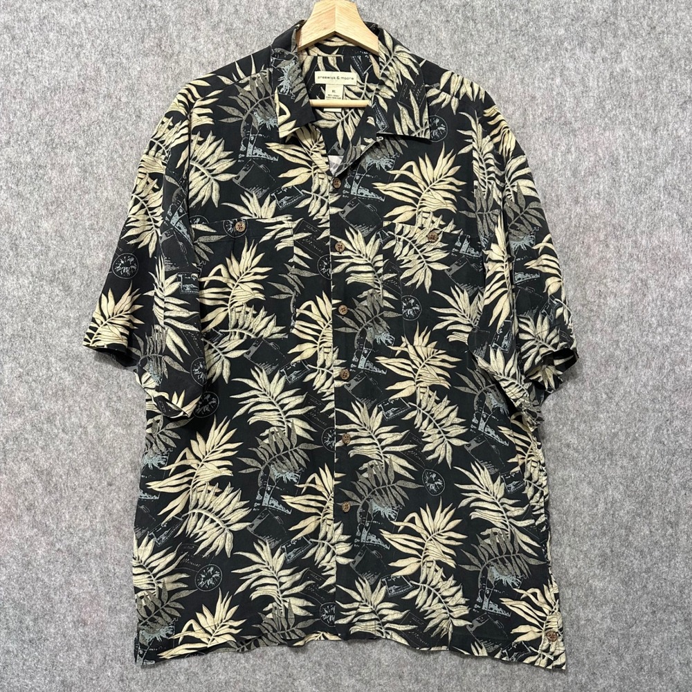 Preswick & Moore Mens XL Silk Short Sleeve Button Up Tropical Leaf Shirt Black